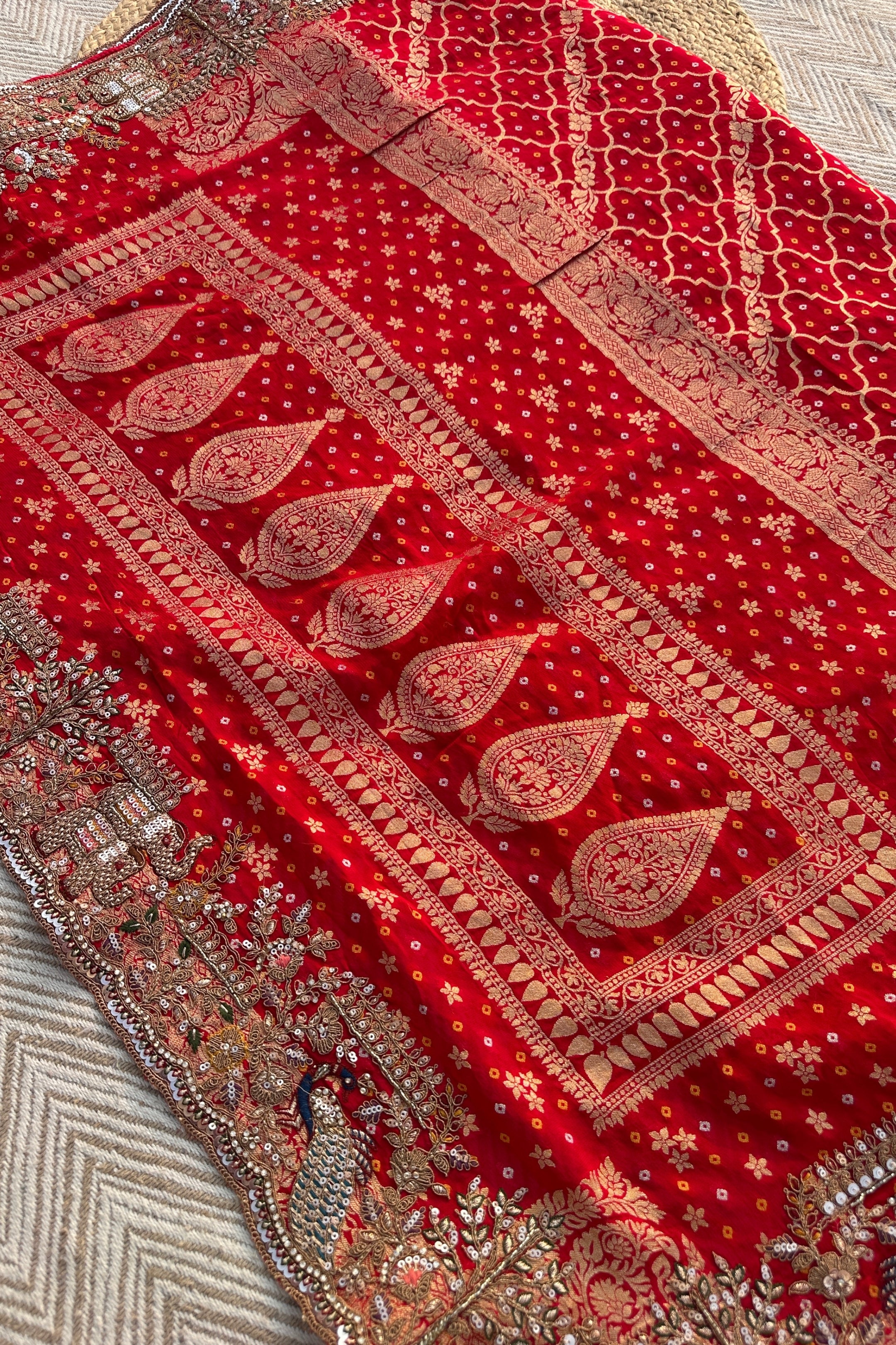 Red Georgette Unstitched Saree Embellished With Zarkan, Sequins, Thread & Cutdana work